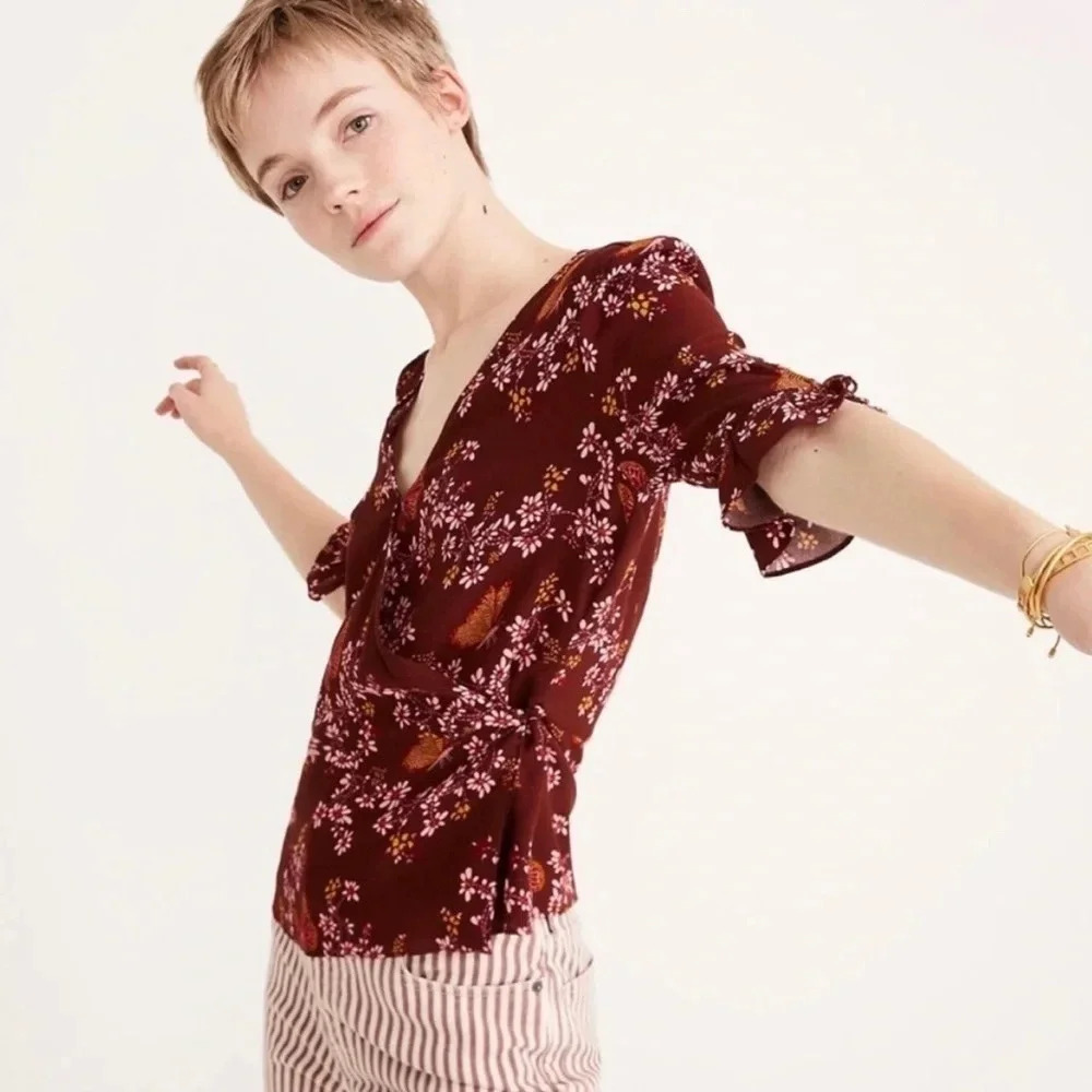 NWT Madewell Butterfly Print Tie Sleeve Wrap Top